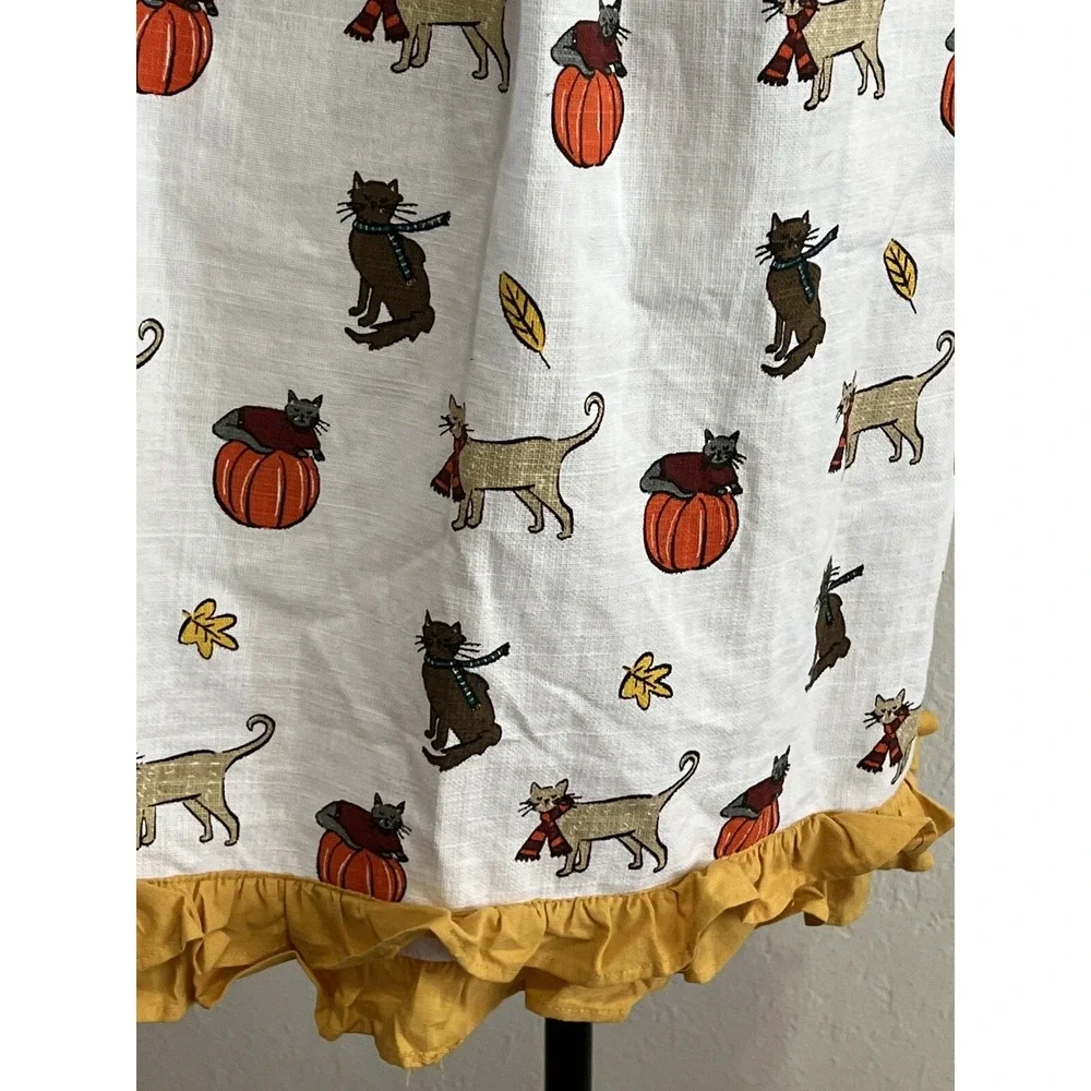 Harvest & Co Cat Pumpkin Fall Apron NWT Mustard Stripe Cotton Ruffle Pockets